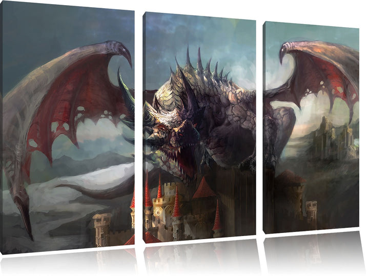 Pixxprint der Drache auf der Festung als Leinwandbild - Grösse: 3-Teilig (120x80cm) - Wandbild - Kun