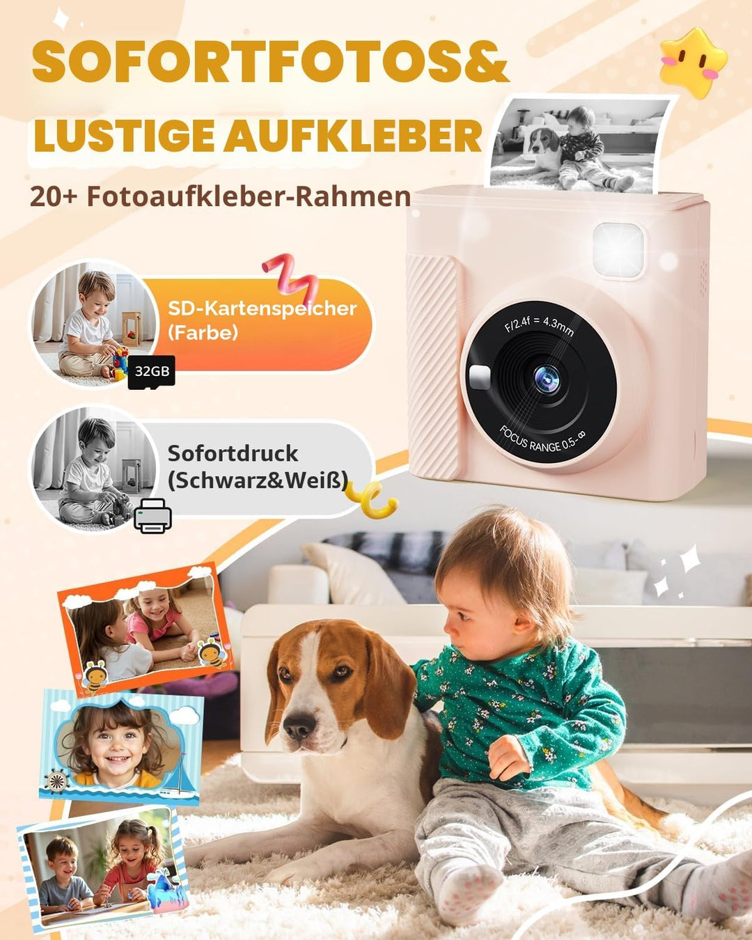 Kinderkamera Sofortbildkamera, 2,4 Zoll Sofortbildkamera Kinder mit 32G Karte und Fotopapier Drucken