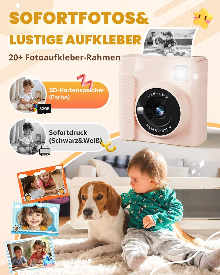 Kinderkamera Sofortbildkamera, 2,4 Zoll Sofortbildkamera Kinder mit 32G Karte und Fotopapier Drucken