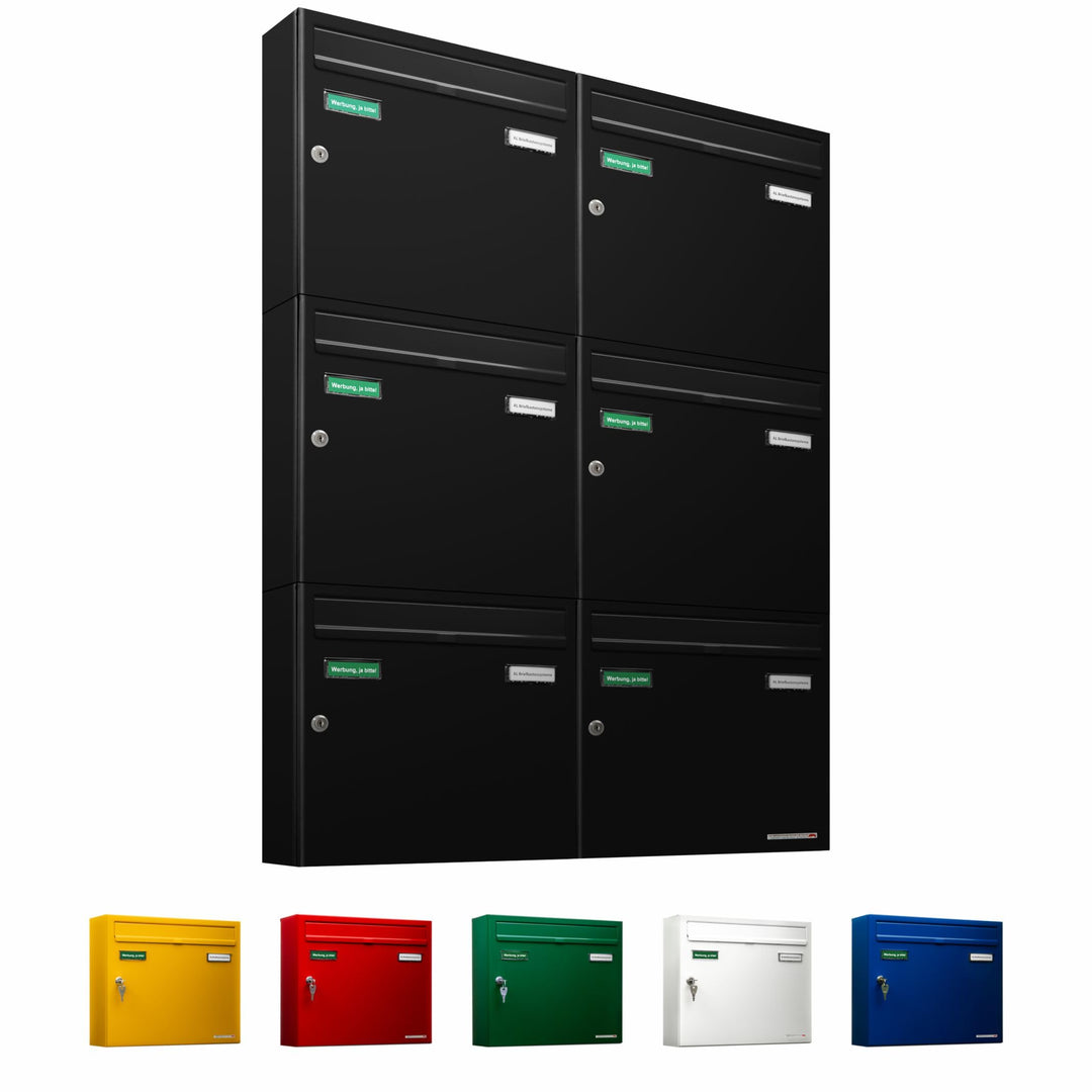 AL Briefkastensysteme Basic 6er Briefkasten RAL 9005 Tief Schwarz 6 Fach DIN A4 wetterfest Briefkast