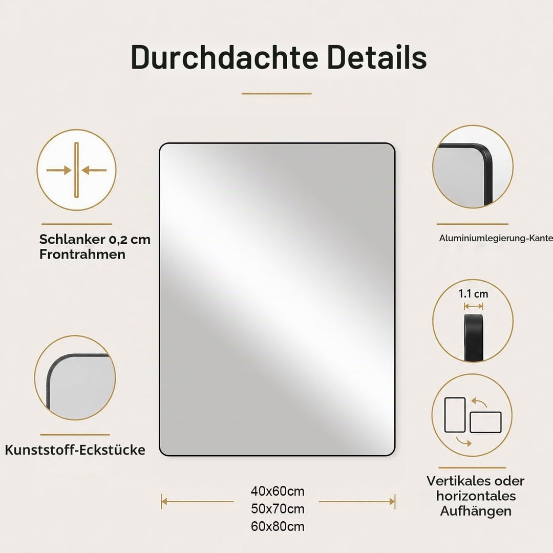 Schwarzer Rahmenspiegel 50 x 70 cm, rechteckiger Badezimmer-Wandspiegel, hängend horizontal/vertikal
