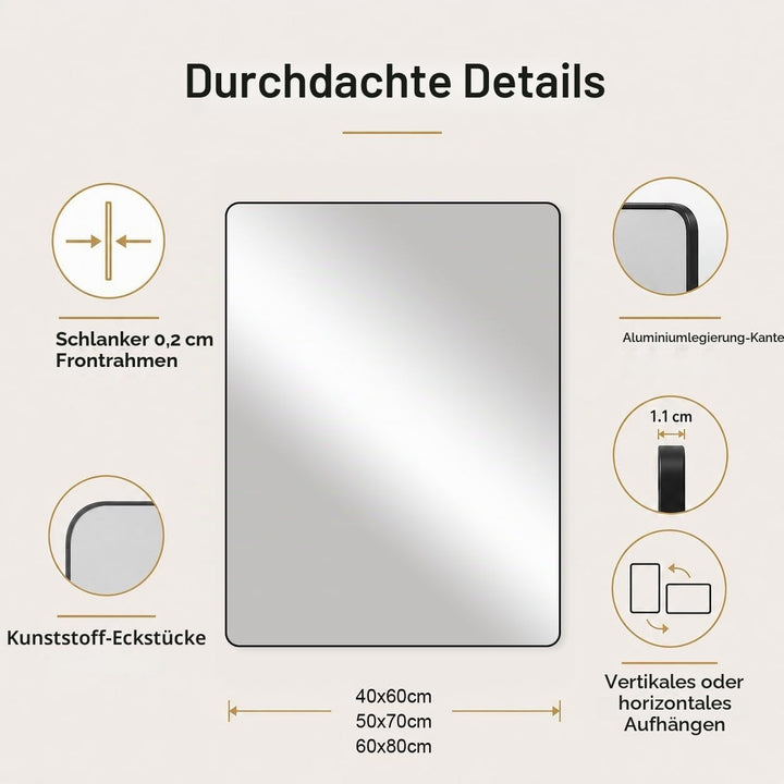 Schwarzer Rahmenspiegel 50 x 70 cm, rechteckiger Badezimmer-Wandspiegel, hängend horizontal/vertikal