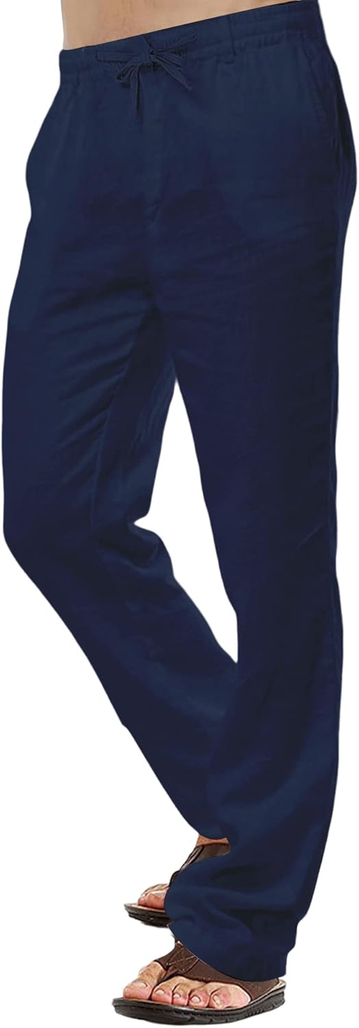 Herren-Leinenhose, lässige Baumwollhose, Sommerhose, Strandhose, leichte Hose mit Kordelzug M Marine