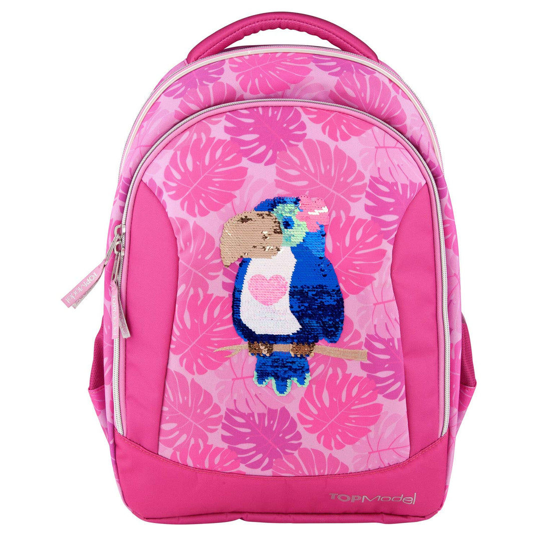 Depesche 10448 Schulrucksack TOPModel mit Tucan aus Streichpailletten, pink, ca. 23 x 34 x 44 cm, bu