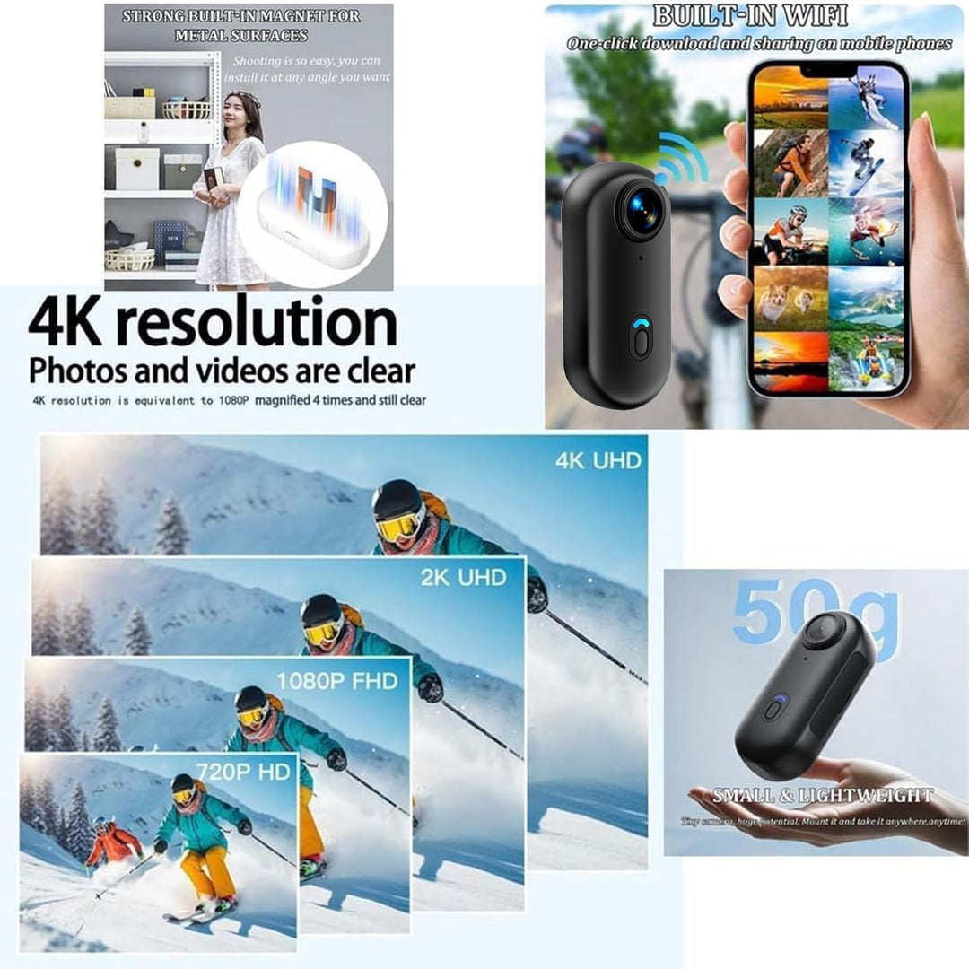 Mini Action Cam 4K,Tragbare Kamera mit 360° Drehbarem Clip und Magnetclip,Wasserdichter 4K-Körperkam