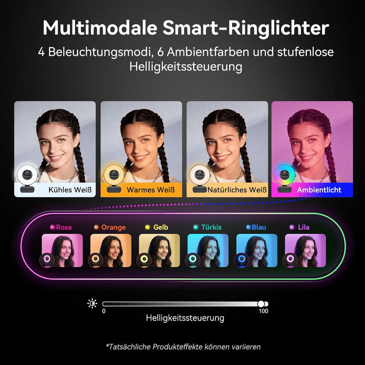 EMEET S600L 4K Webcam mit Ringlicht, 4 Beleuchtungsmodi, Regenbogeneffekt, 1/2"-Sensor, KI-Bildverar