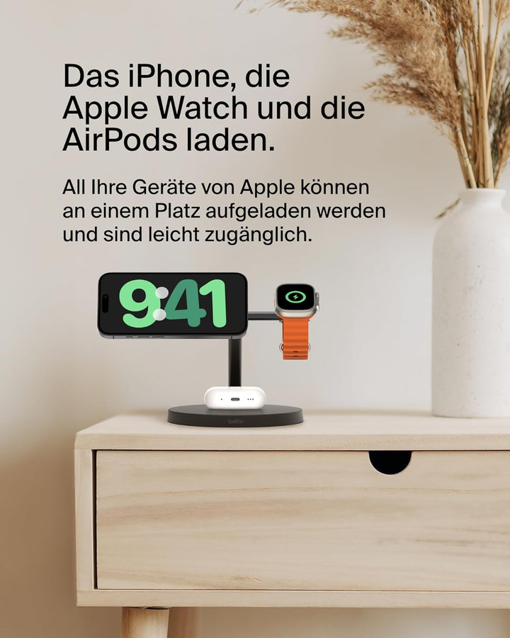Belkin BoostCharge Pro 3-in-1 Qi2 Kabelloses Ladegerät, MagSafe-Kompatibles Ladegerät, Induktive Lad