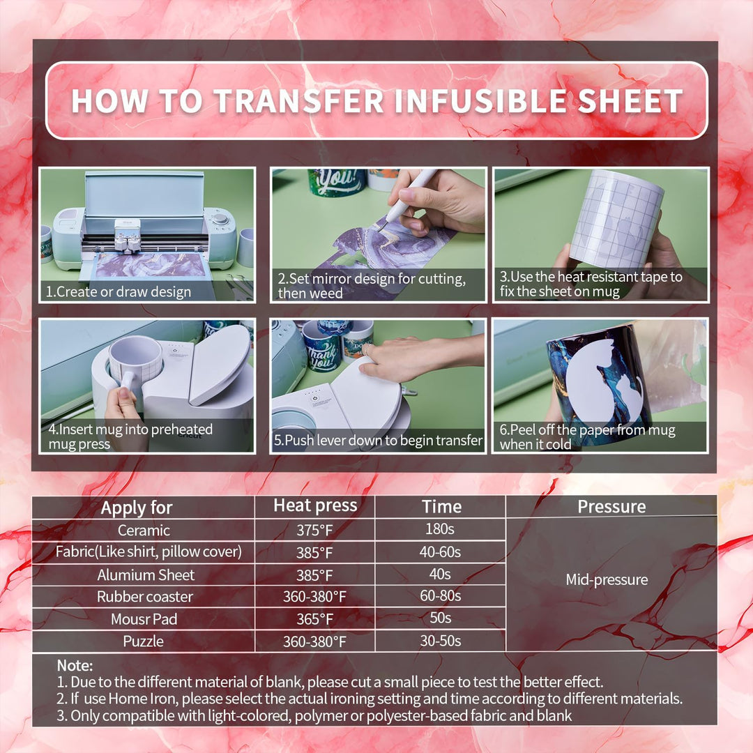 LUCKIGUCK Infusible Transfer Ink Sheets 12 Stück/Set, Marble Vorgedrucktes gefärbtes Sublimationspap