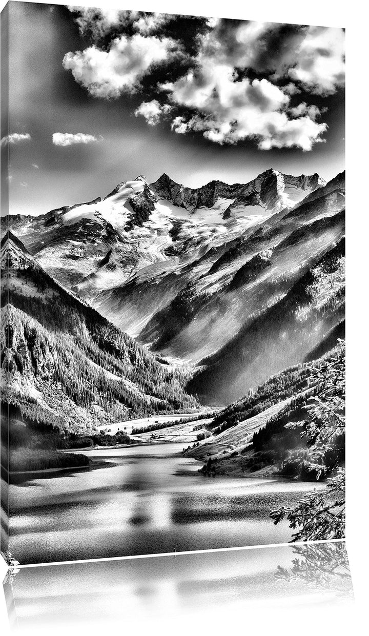 Monocrome, See an Bergen, Format: 100x70 auf Leinwand, XXL riesige Bilder fertig gerahmt mit Keilrah