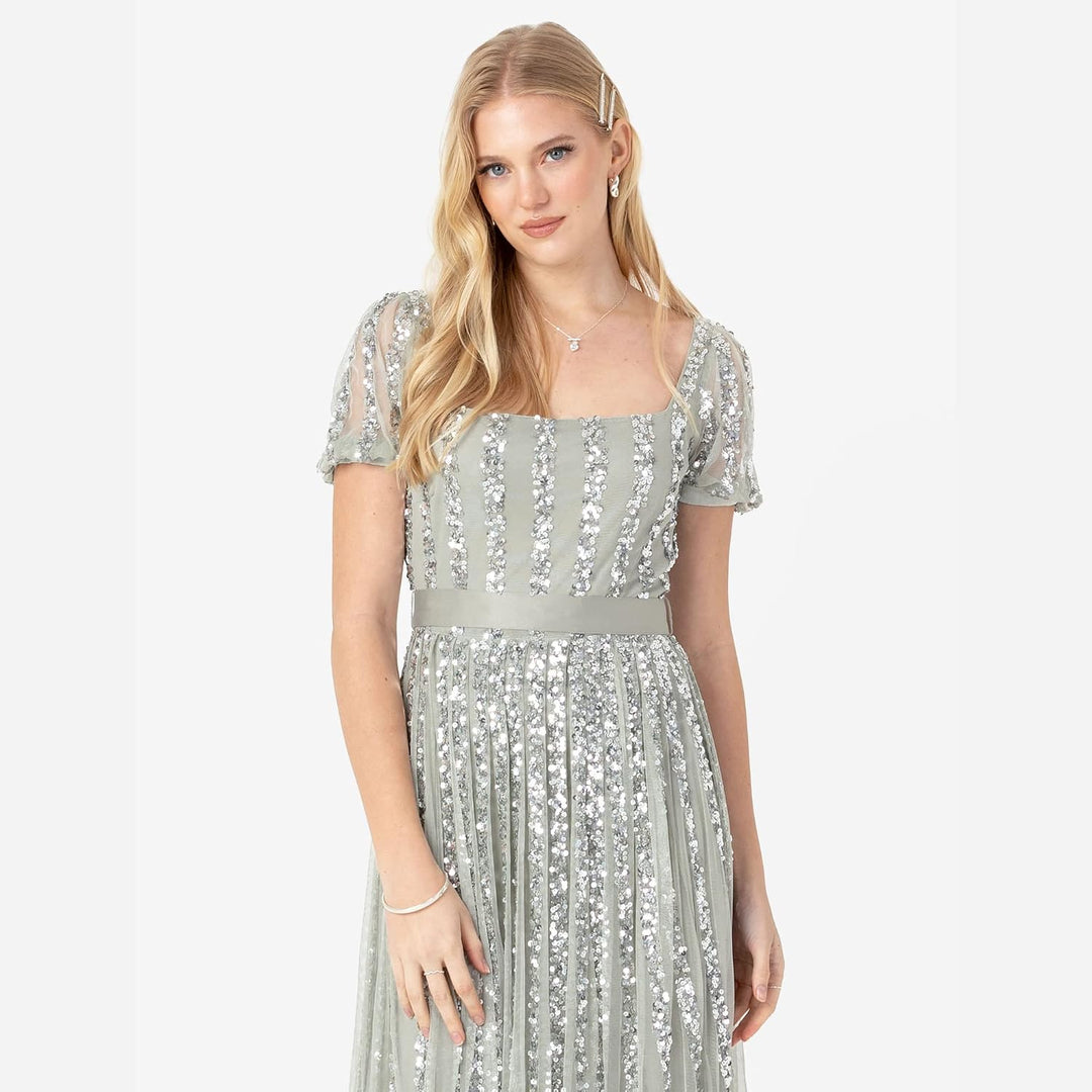 Maya Deluxe Damen Womens Ladies Maxi Occasion Dress Sequin Square Neck High Waist A Cut Evening Gown