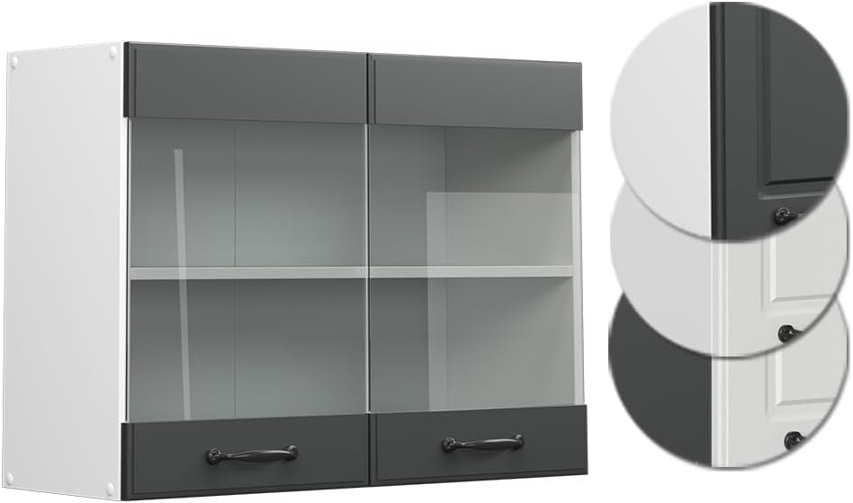 Vicco Küchenschrank Glas R-Line, Anthrazit Landhaus/Weiss, 80 cm Anthrazit Landhaus Hängeglasschrank