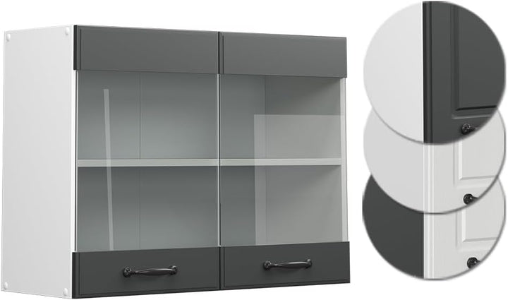 Vicco Küchenschrank Glas R-Line, Anthrazit Landhaus/Weiss, 80 cm Anthrazit Landhaus Hängeglasschrank