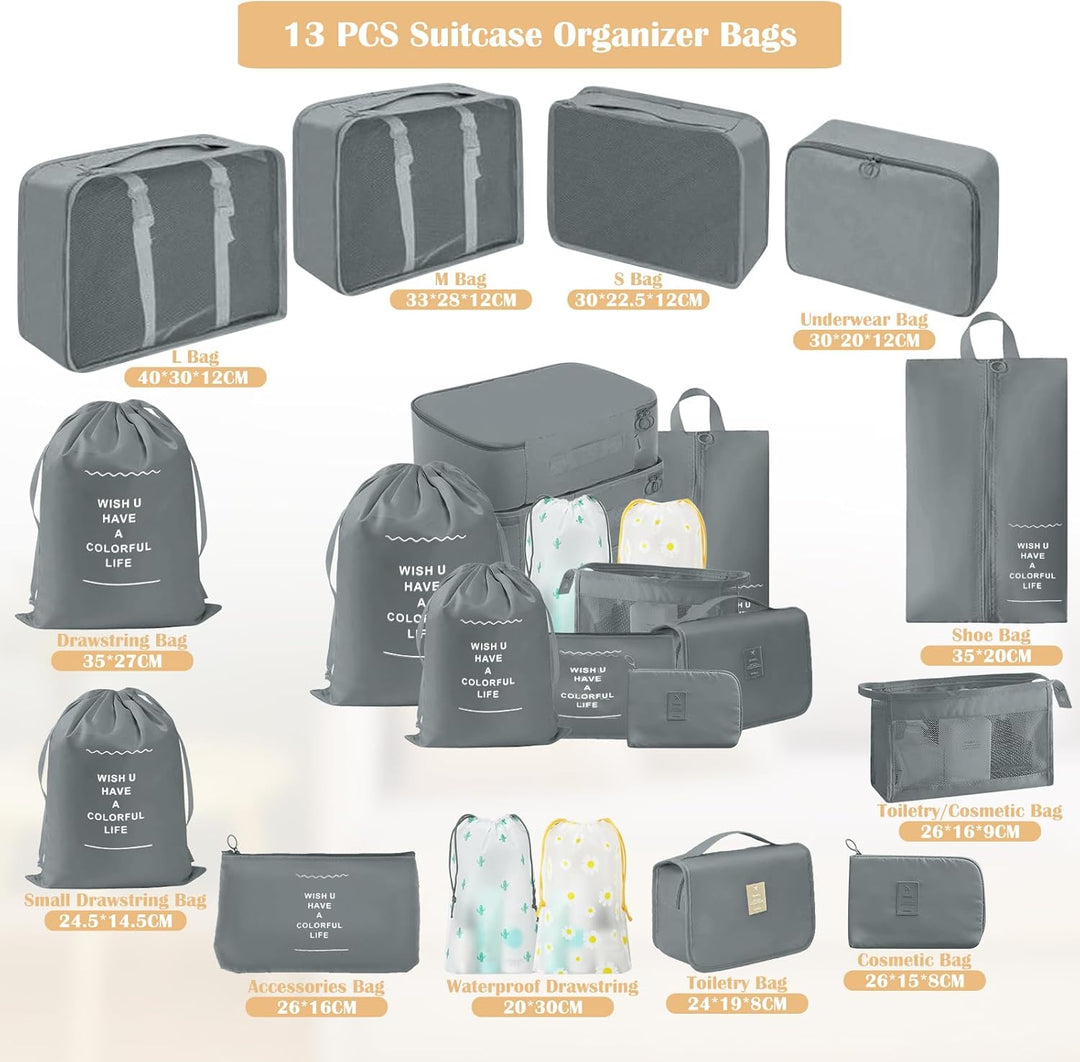 13 Stück Koffer Organizer Set, Packing Cubes, Wasserdichte Kofferorganizer für Urlaub und Reisen, Tr