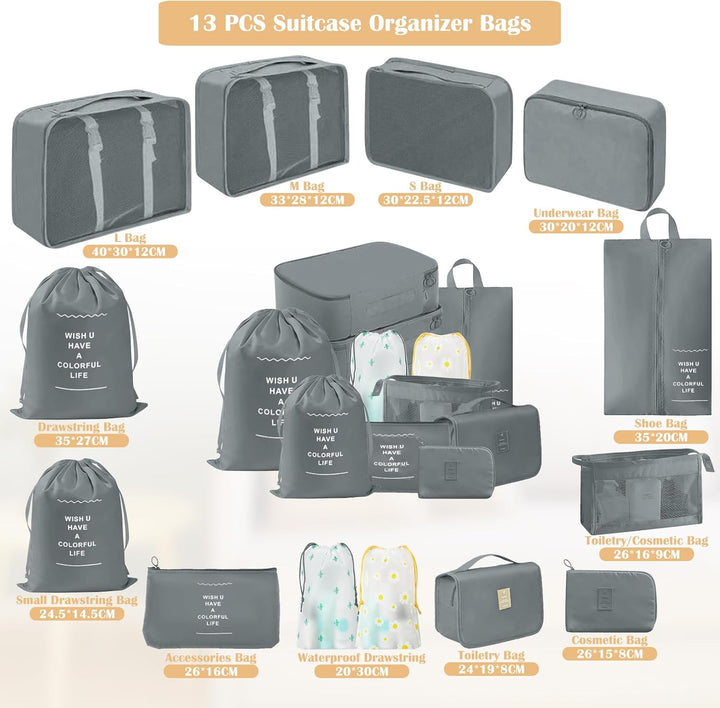 13 Stück Koffer Organizer Set, Packing Cubes, Wasserdichte Kofferorganizer für Urlaub und Reisen, Tr