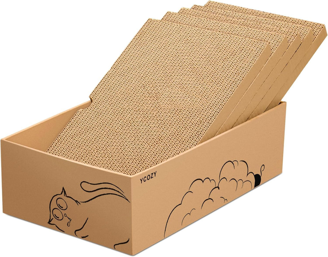 Ycozy Kratzbrett Katze mit Box und 5 Kratzbrettern, Gross Doppelseitige Kratzpappe für Katzen Hochwe