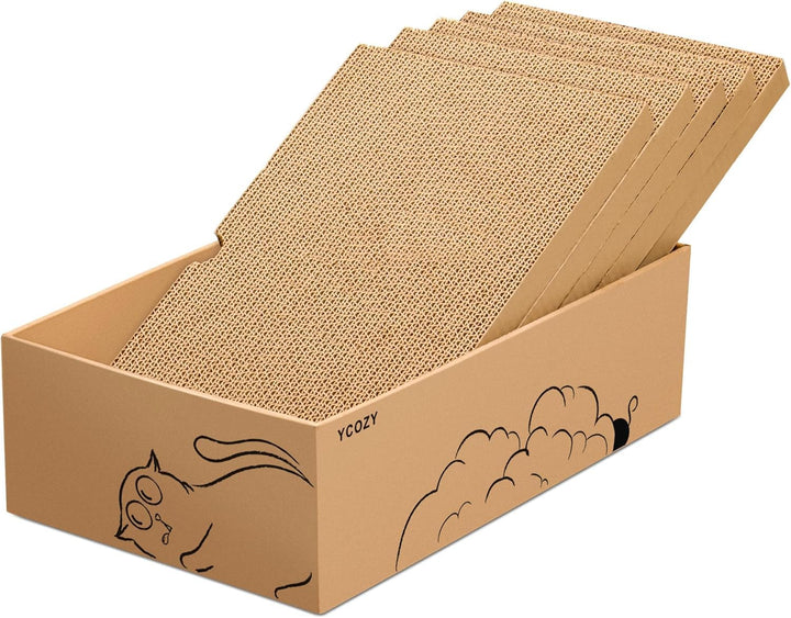 Ycozy Kratzbrett Katze mit Box und 5 Kratzbrettern, Gross Doppelseitige Kratzpappe für Katzen Hochwe