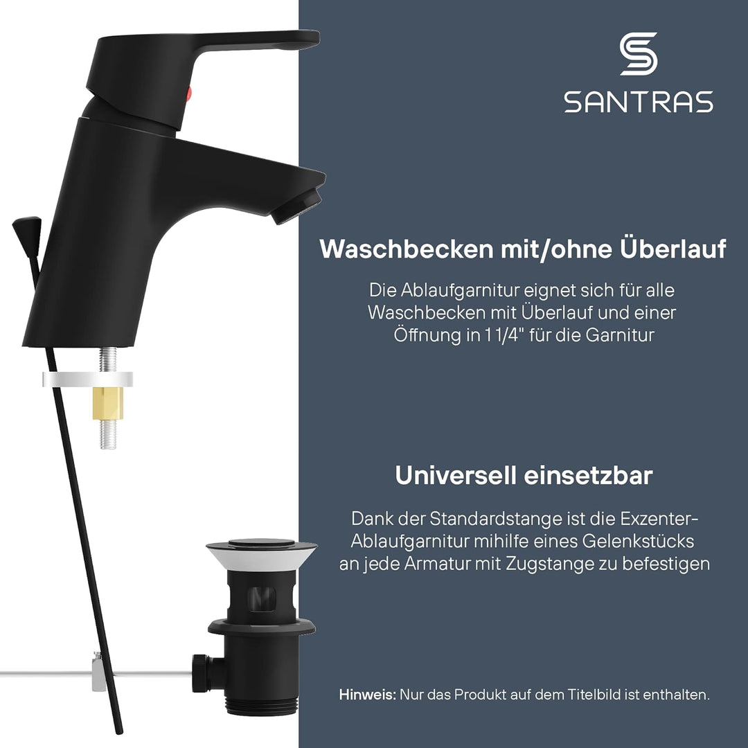 SANTRAS® Exzenter Ablaufgarnitur PREMIUM für Waschtisch mit Schutz vor Überlauf in Scharz Matt – Kom