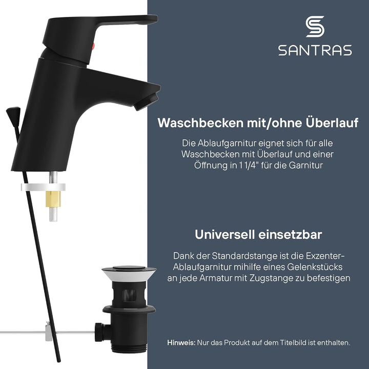 SANTRAS® Exzenter Ablaufgarnitur PREMIUM für Waschtisch mit Schutz vor Überlauf in Scharz Matt – Kom
