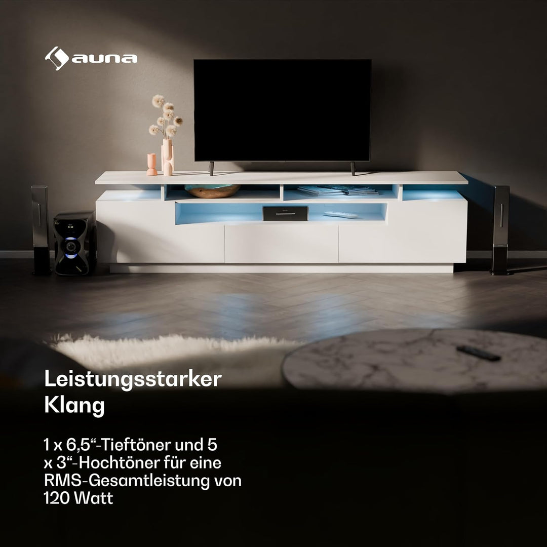auna 5.1 Sound System - kabellose Lautsprecher-Soundbar, RGB Farbe, 120 W Leistung für TV & PC, mit