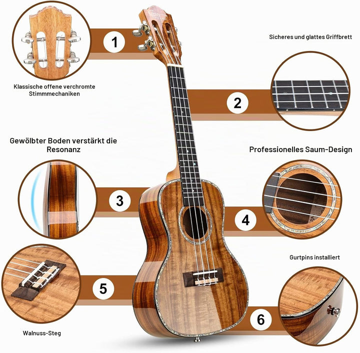 Hricane Konzert Ukulele aus Koa Feste Akazie Professional glatt glänzend Ukulelen Hawaii-Ukele Conze