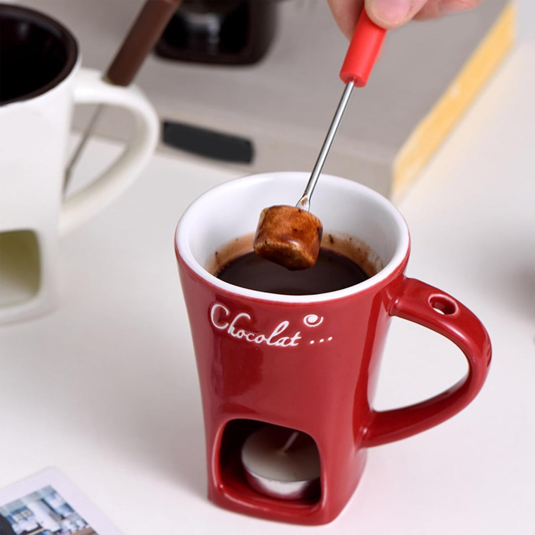 Schokoladen-Fonduetasse mit Gabeln, 130 ml, Schokoladenschmelzbecher, Keramik-Butterwärmer, Set, per