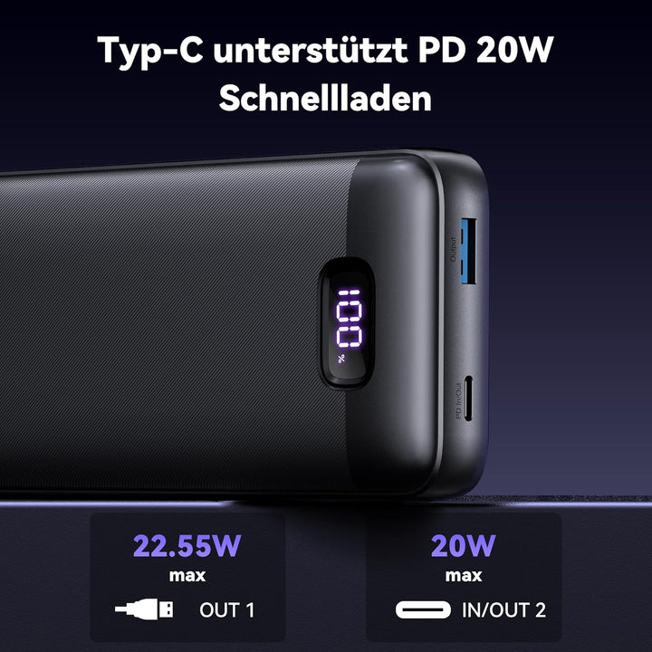 TECKNET Powerbank 20000mAh 22,5 W Schnellladefunktion PD3.0 QC4.0, externer Handyakku mit LED-Displa