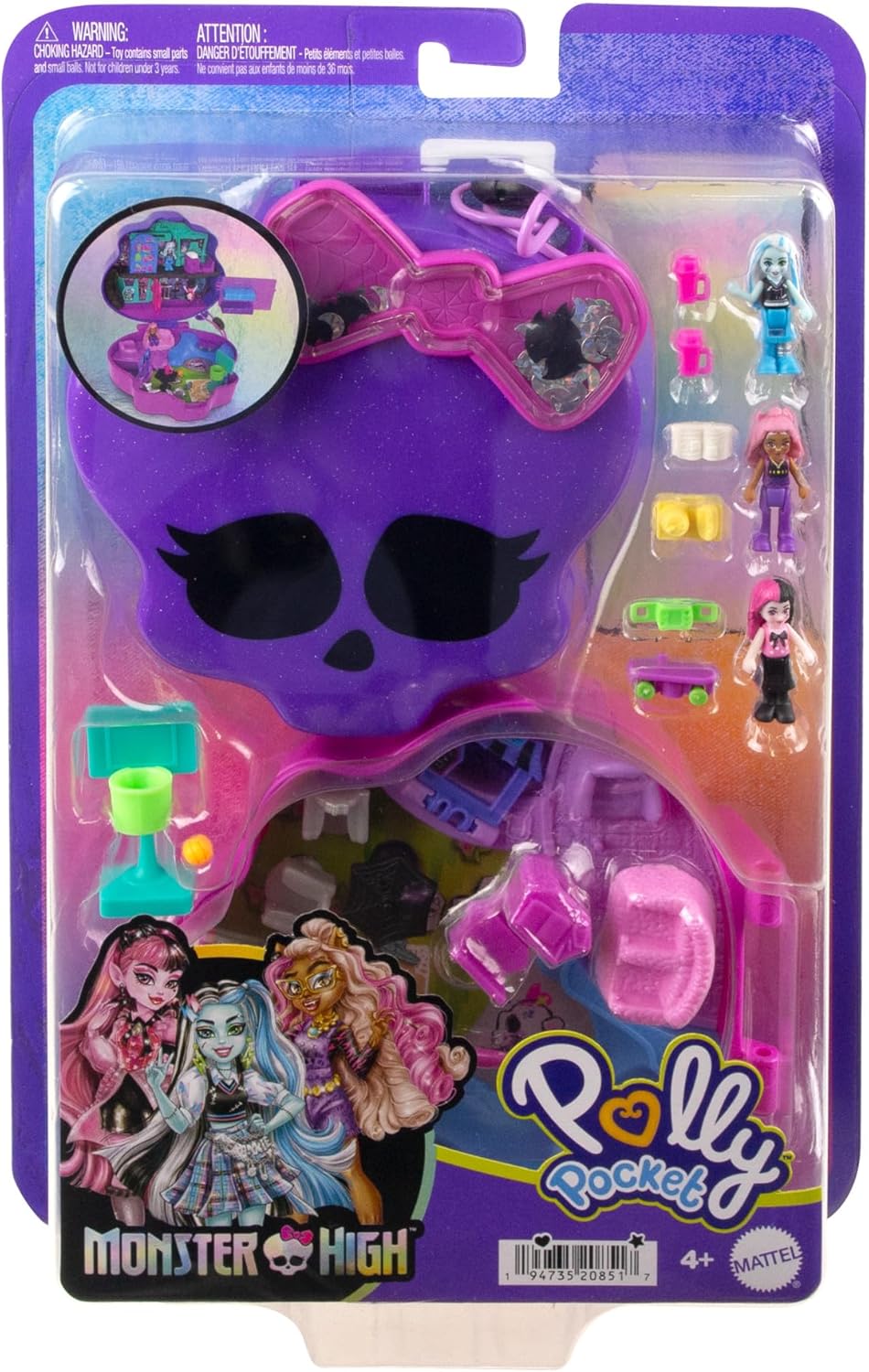 Polly Pocket Monster High Spielset mit 3 kleinen Puppen und 10 Zubehörteilen, Schulwelt im Inneren,
