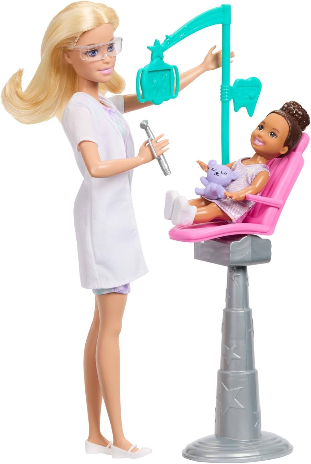 Barbie Karriere Zahnärztin-Spielset mit blonder Barbie-Puppe im Arztkittel, Kleinkind-Puppe, Behandl