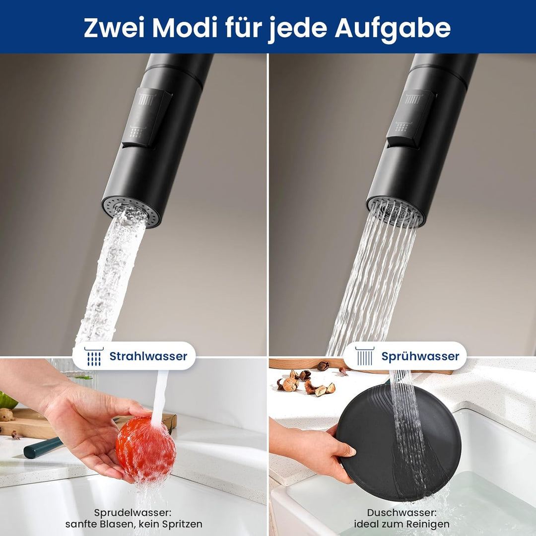 CECIPA Wasserhahn Küche Schwarz Ausziehbar, Küchenarmatur mit Brause Edelstahl, Spültischarmatur Hoc