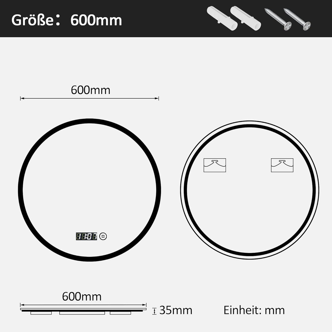 Boromal LED Badspiegel Rund 60x60cm Spiegel mit Beleuchtung LED Spiegel Rund mit Uhr LED Spiegel mit