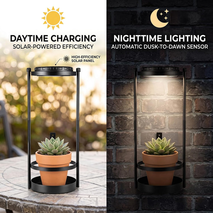 Solare Blumenständer mit LED Pflanzenlicht, IP44 Wassergeschütztes Metall Pflanzenständer Outdoor, 3