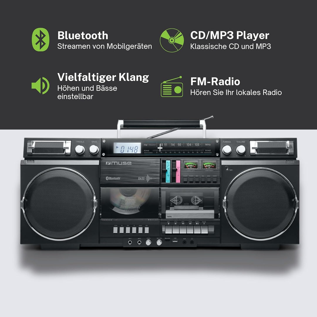 MUSE Bluetooth Retro Boombox mit Radio, CD, Kassettenrekorder, 80W Ausgangsleistung, USB, Aux, Micro