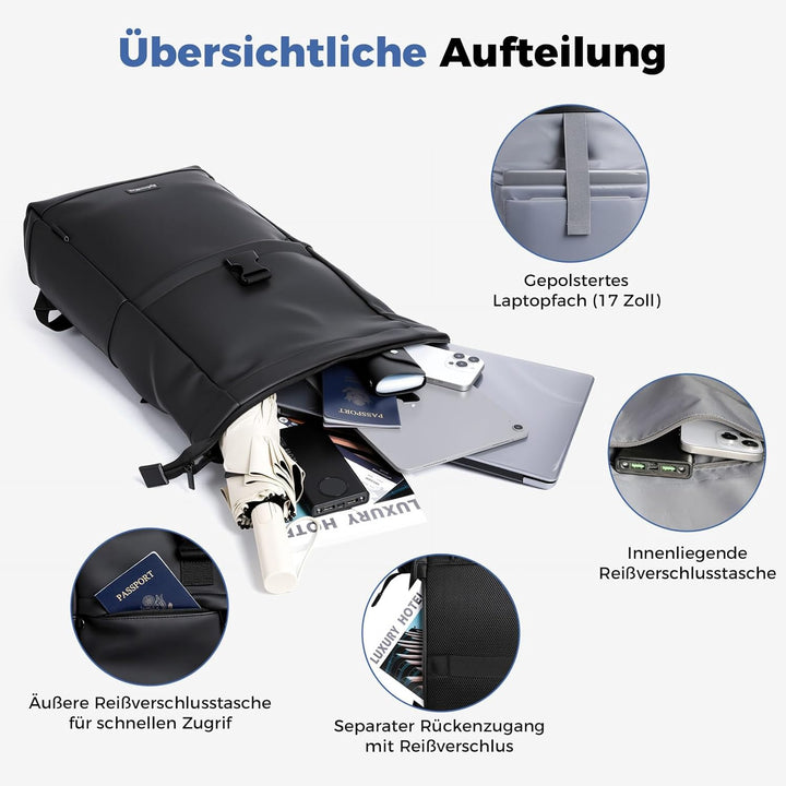 Wasserdicht Rucksack, Laptop Rolltop Rucksack für Herren & Damen Mit Diebstahlsichere Reissverschlus