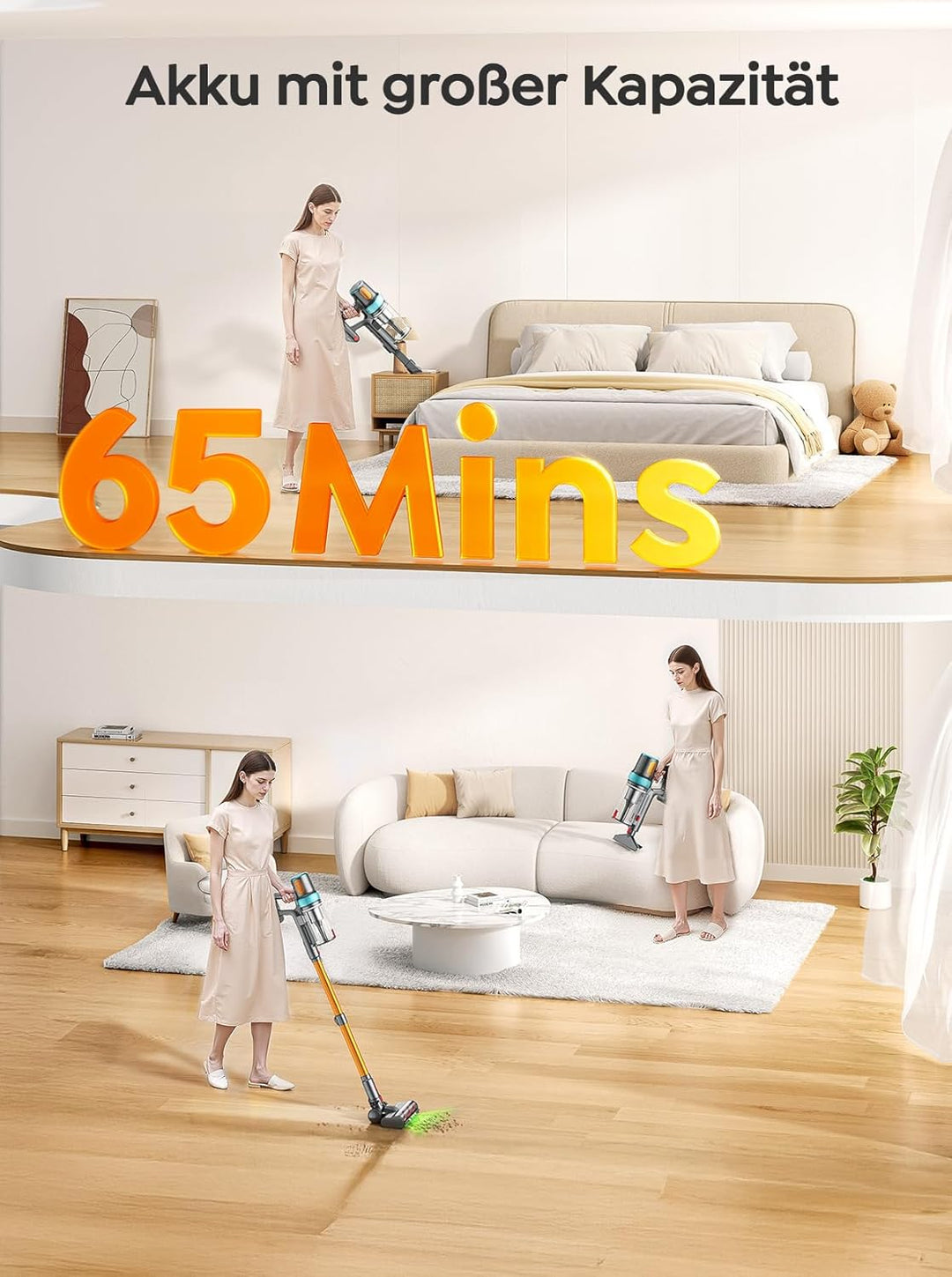 Akku Staubsauger 50KPA/600W/65Min,Selbststehender Staubsauger Kabellos mit 1M Ausziehbarer Schlauch,