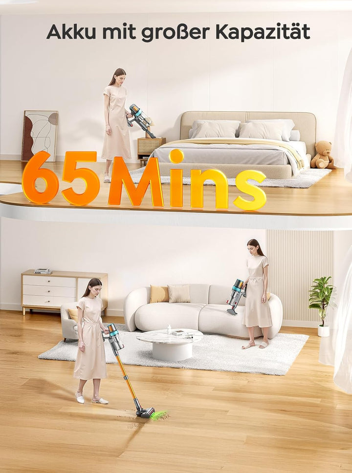 Akku Staubsauger 50KPA/600W/65Min,Selbststehender Staubsauger Kabellos mit 1M Ausziehbarer Schlauch,