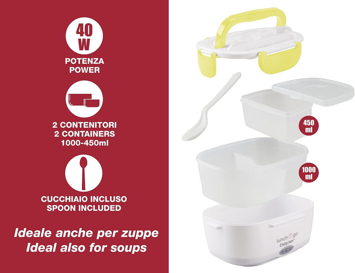Beper Lunch &amp; Go - Wärmende Lunchbox, tragbarer elektrischer Speisenwärmer, 2 herausnehmbare Behälte