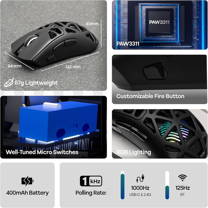 MechLands Aula SC620 Gaming-Maus, 2,4 GHz/USB-C/BT-Funkmaus mit 400-mAh-Akku, einstellbare 12.000 DP
