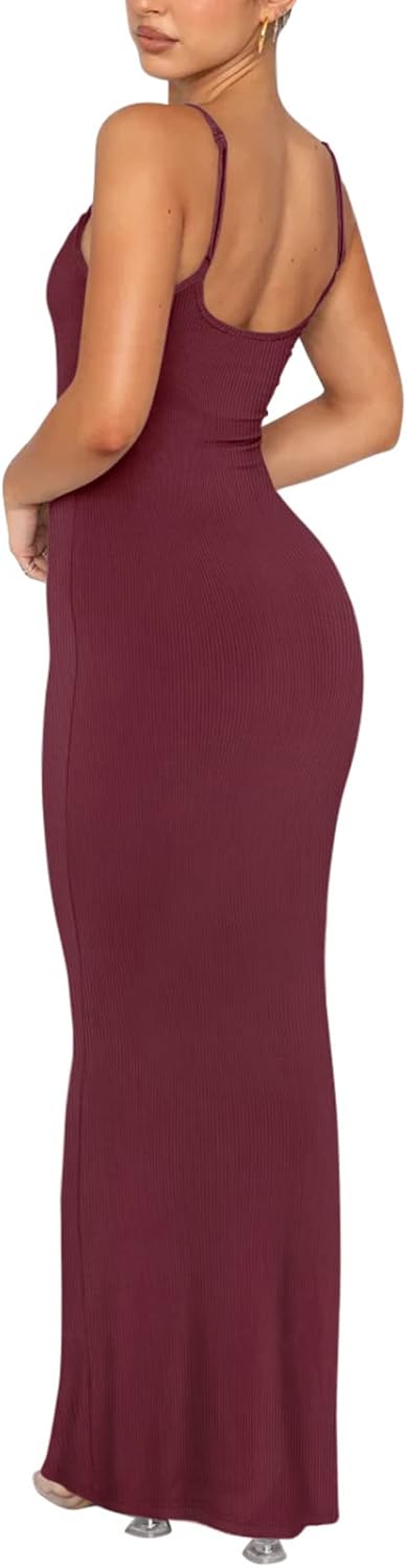 REORIA Damen Sexy Lounge Slip Langes Kleid Elegantes Hochzeitsgast ärmelloses rückenfreies Geripptes
