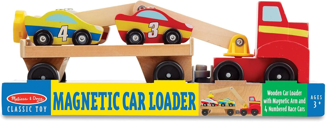 Melissa & Doug - Magnetisches Autotransporter-Spielzeugset aus Holz – (Autos & Lkws, 4 Autos und 1 L