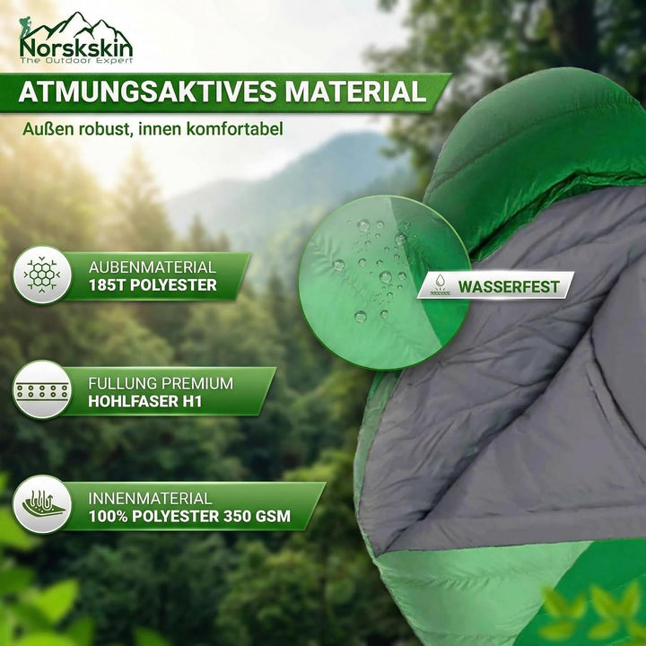 Norskskin Leichter Schlafsack 4 Jahreszeiten 0°C bis -23°C - Mumienschlafsack extra lang (230 x 82 c