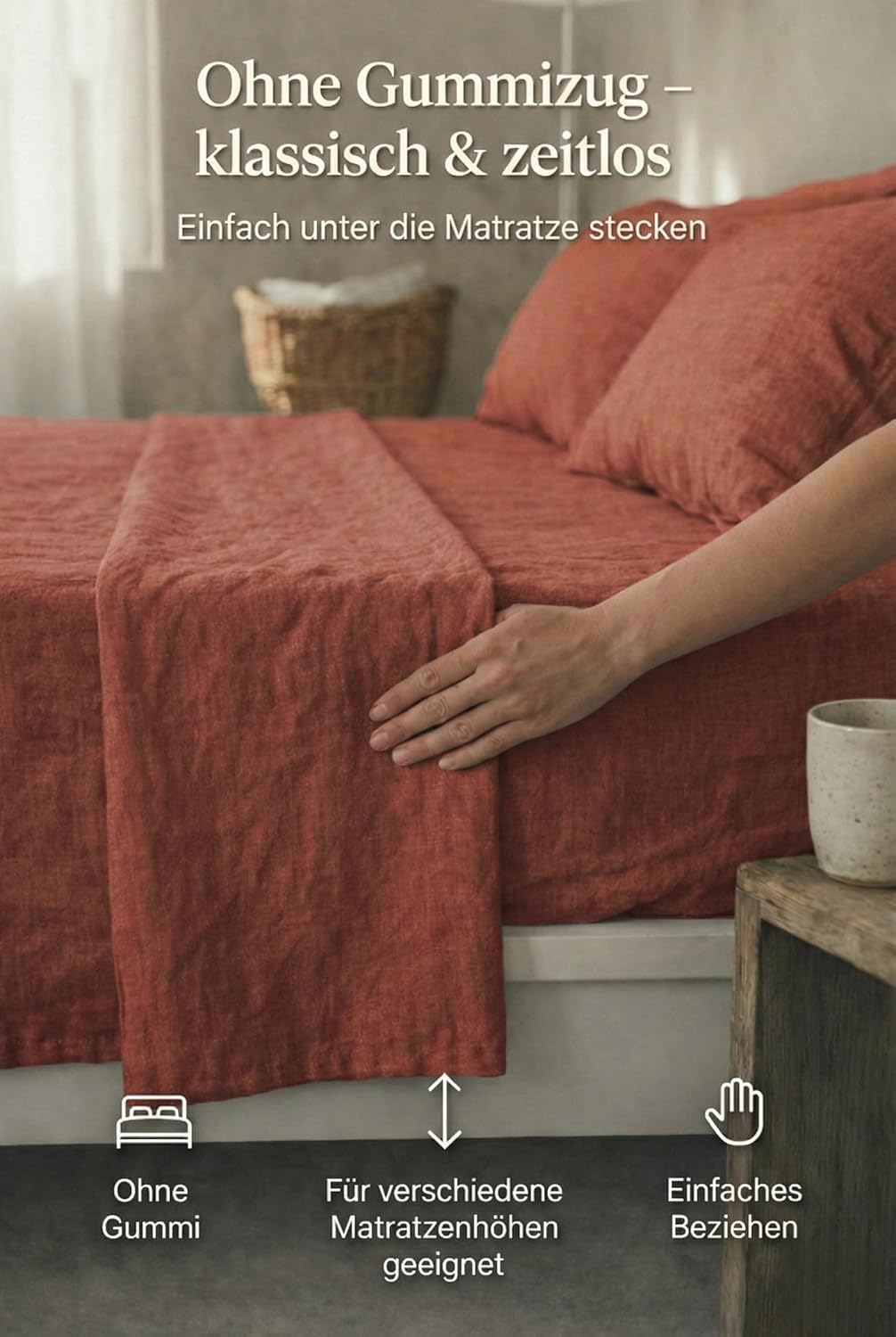 Leinen Bettlaken ohne Gummi – 100% Stonewashed Leinen Flachlaken – Atmungsaktiv – Ohne Kissenbezüge