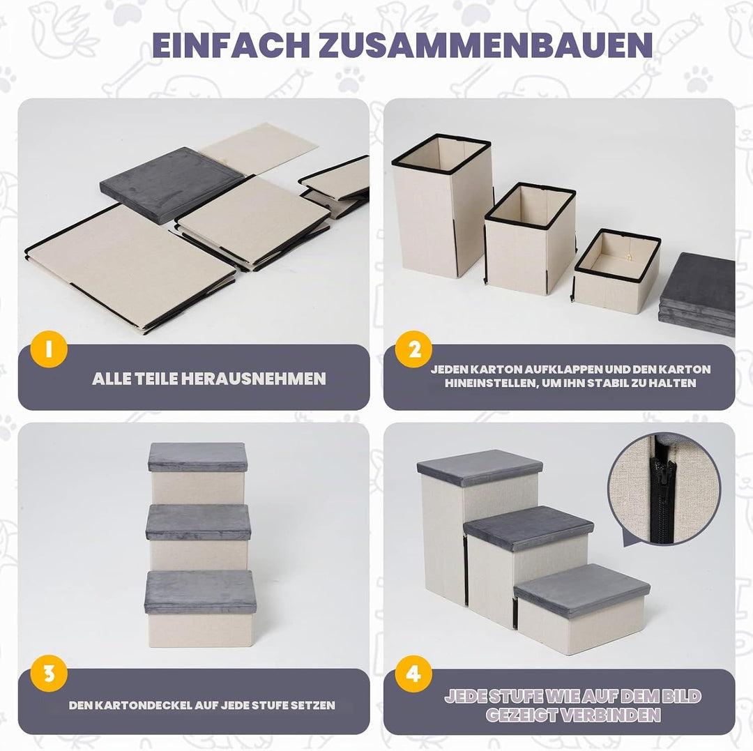 Haustiertreppe 3 Stufen für Hunde Katzen, Faltbare Hundetreppe mit viel Stauraum auch als Katzentrep