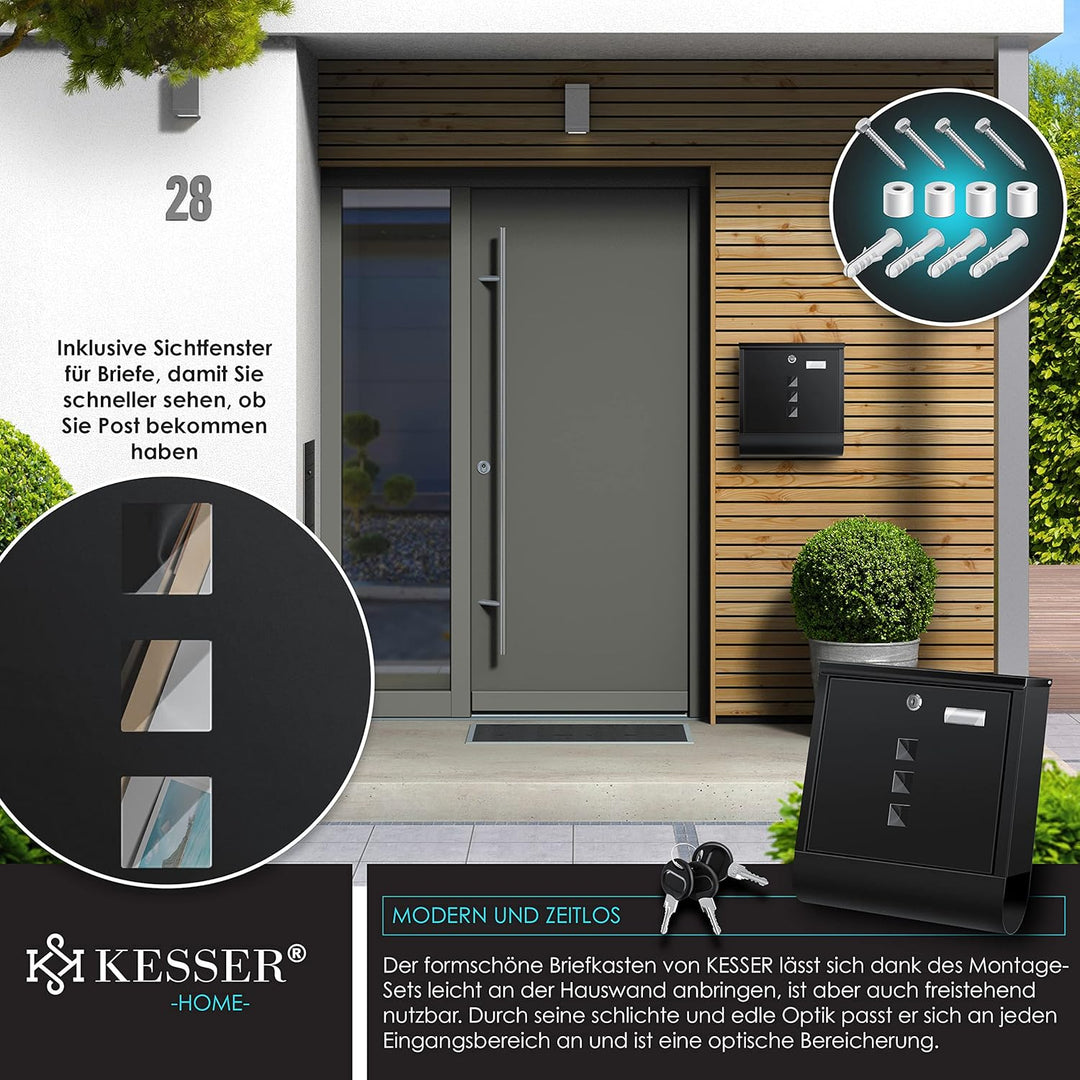 KESSER® Briefkasten Edelstahl mit Zeitungsfach Namensschild, Sichtfenster, gebürstet, 3X Schlüssel a