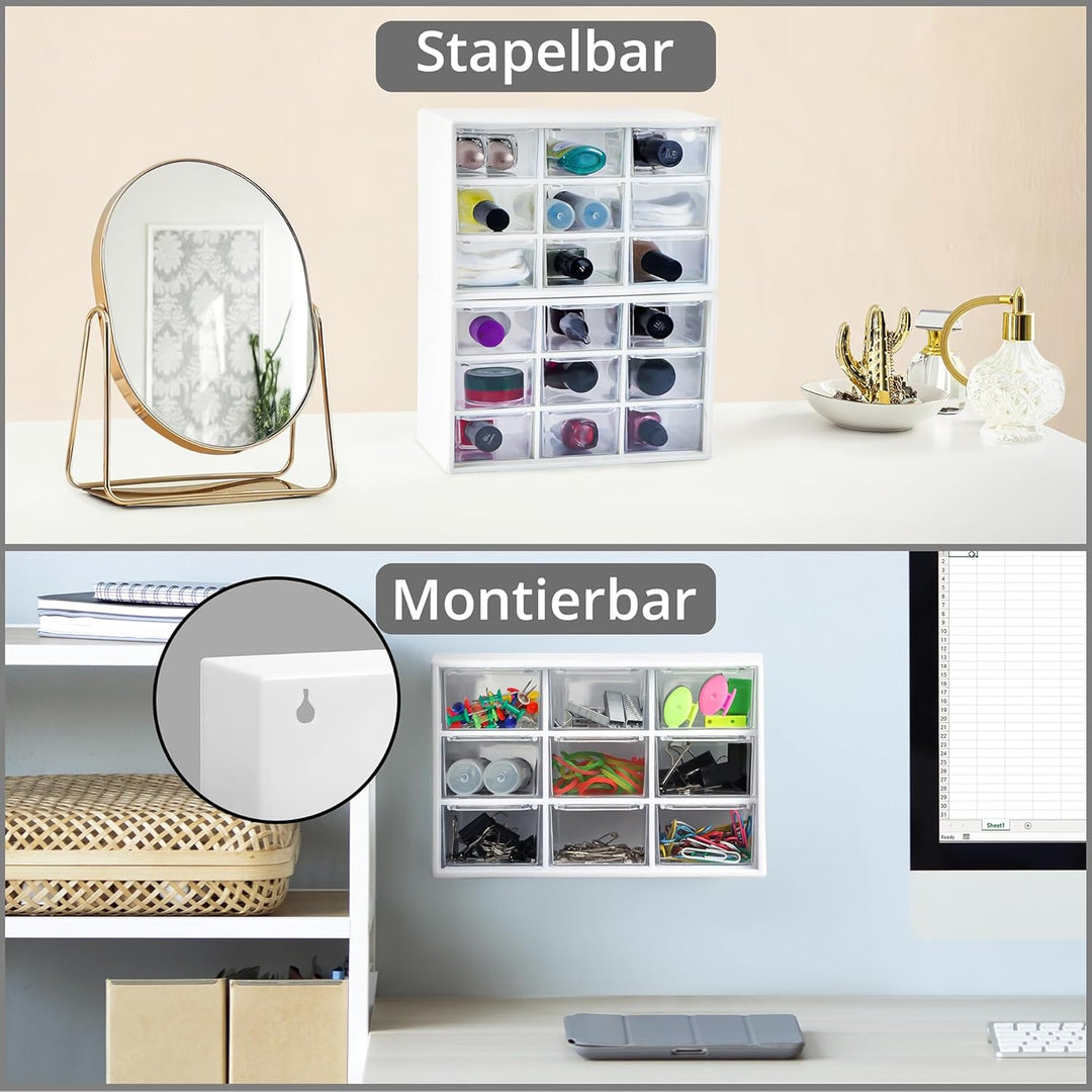 Winter Shore Bastelbox Aufbewahrung mit 9 Schubladen [2er-Pack] - Durchsichtige & Weisse Schubladenb