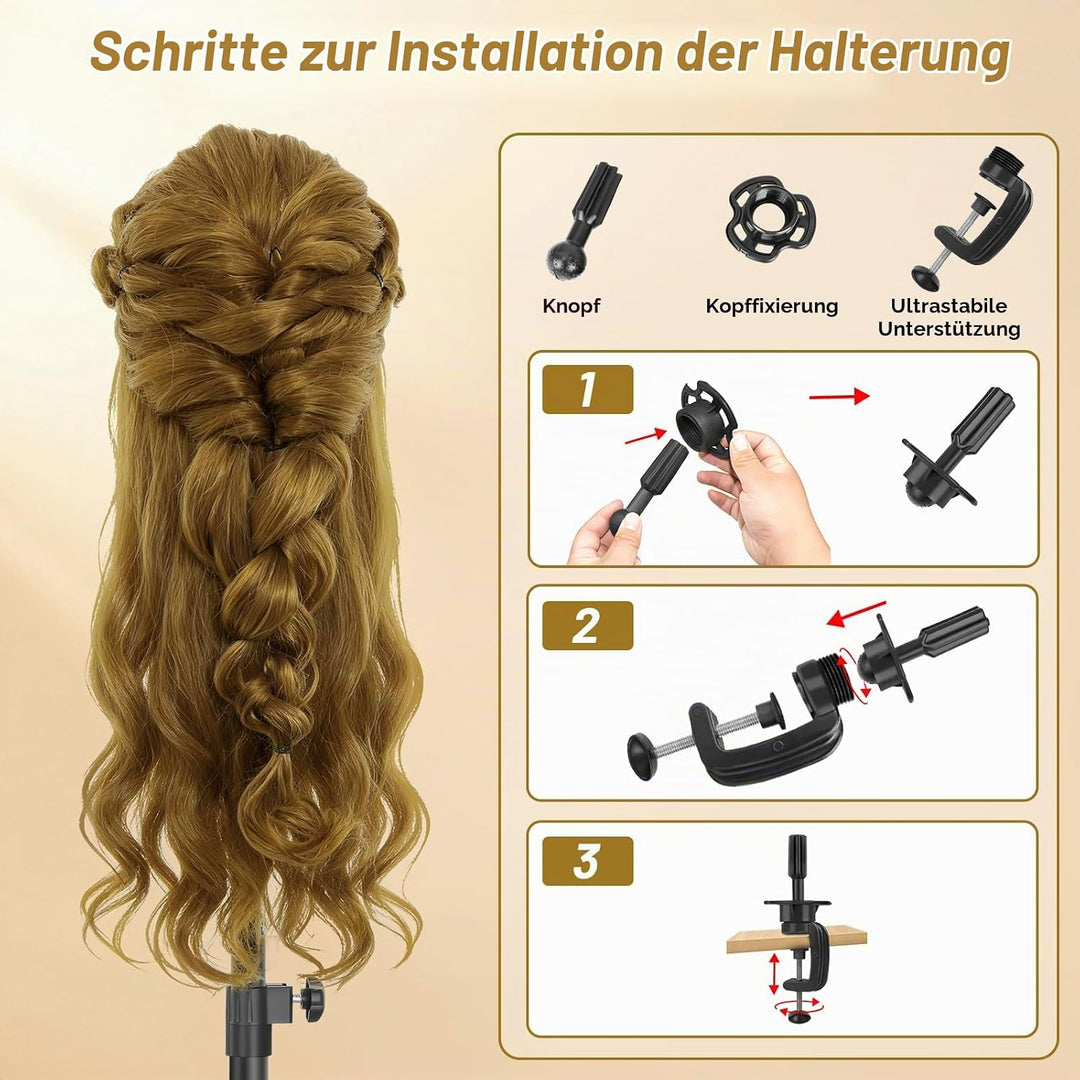 Frisierkopf,80% Puppenkopf Echthaar Blonden Haare,24 Zoll Puppe Übungskopf zum Frisieren,Trainingsko