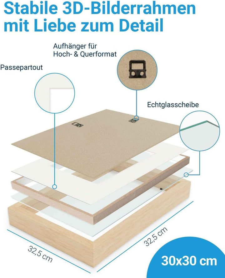 3D-Bilderrahmen zum Befüllen 30x30 cm, Natur, Bilderrahmen tief mit Passepartout, 2er Set Objektrahm