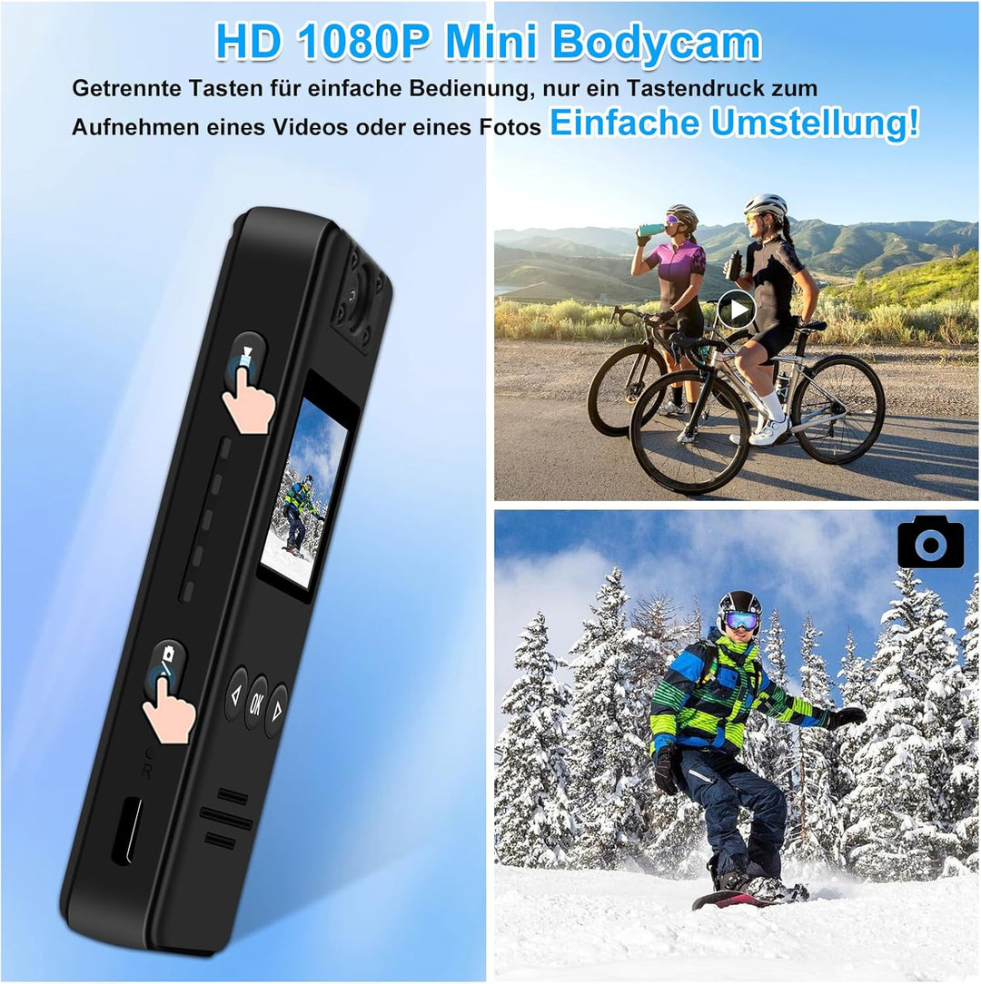 Bodycam 1080P Kleine Kamera ohne WLAN Action Cam mit Bewegungserkennung Nachtsicht, 180° drehbarem O