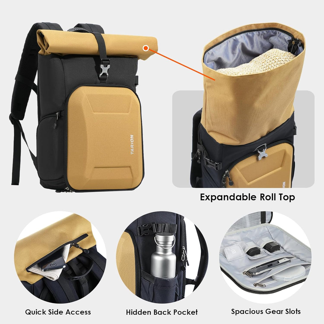 TARION Kamerarucksack Rolltop Fotorucksack mit Hartschale: Professionelle Kameratasche Spiegelreflex