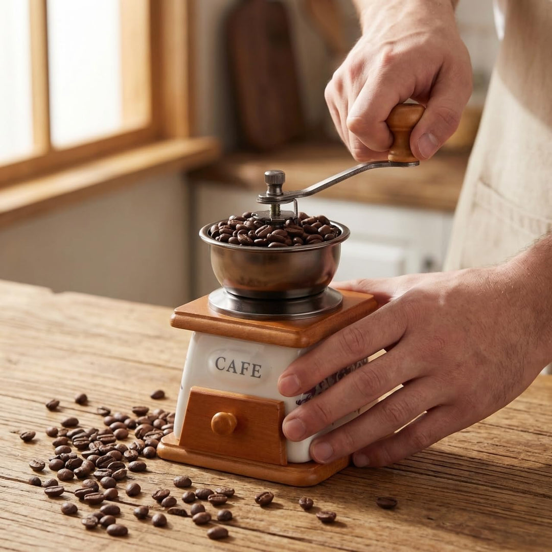 ABOOFAN Retro-Kaffeemühle, Vintage-Handkaffeemühle mit Handkurbel, Holzschublade, Espressomühle für