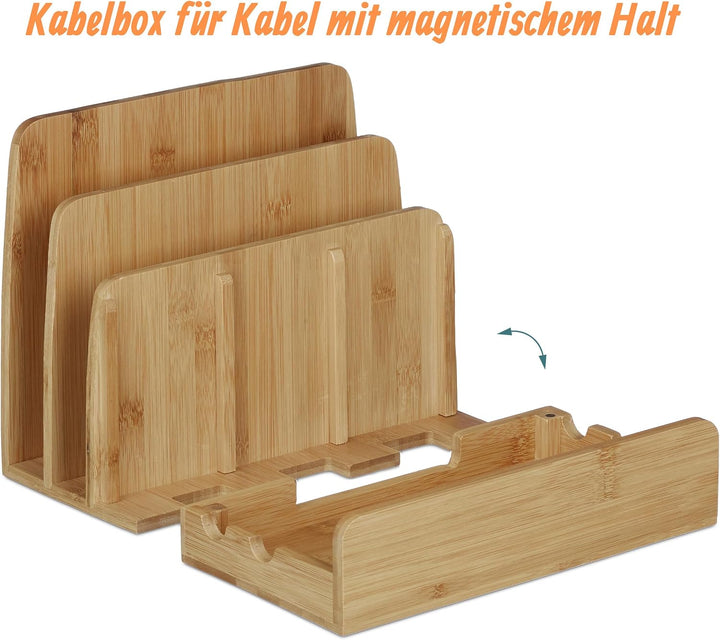 Relaxdays Ladestation Bambus, Ladestationhalter, 3 Ablagen, Smartphone, Handy, Tablets, HBT: 23 x 25